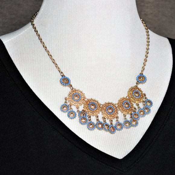 Intricate Gold & Turquoise Beaded Statement Necklace - Picture 2 of 5